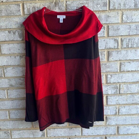 Calvin Klein Cowl Neck Long Sleeve Black/Red Colorblock Sweater Women's Size M - Picture 1 of 7